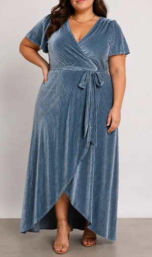 Baltic Born Steel Blue Andi Ribbed Velvet Romantic Bridesmaid Wrap Maxi Dress thumbnail 1