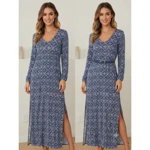 Lulus Maxi Dress Women Small Blue Tile Print Long Sleeve V-Neck Side Slit R64395 thumbnail 2