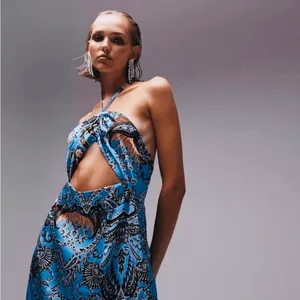 TopShop Blue Paisley Silky Cutout Halter Maxi Dress thumbnail 2