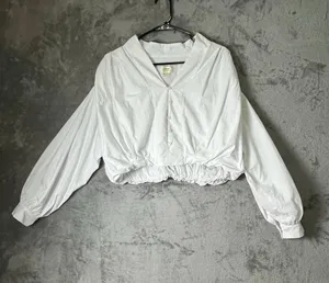 Maeve Crop Bubble Shirt White Medium Button Front Balloon Sleeve Blouse Modern thumbnail 1