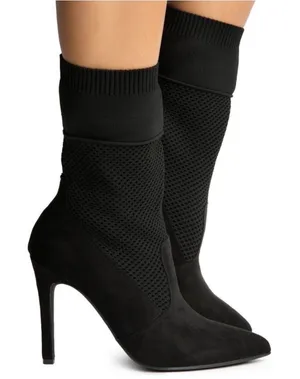 Anne Michelle Black Sock Booties Size 8 Mesh Knit Stiletto Pointed Toe Mid Calf thumbnail 1
