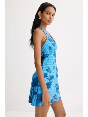 Jewel x Badgley Mischka Halter V-Neck Mini Dress in Blue 6 Womens Floral thumbnail 4