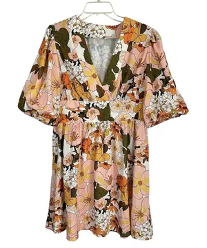 Cider Retro 70s Floral V-Neck Mini Dress Pink Orange Green - Size Large thumbnail 1