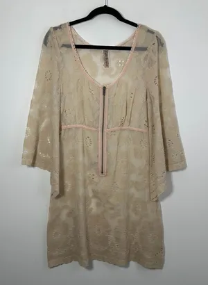 Free People Cream Floral Lace Tunic Dress Size Medium Pink Trim Zip Front Boho thumbnail 1