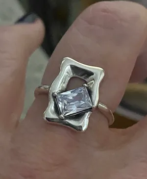 Womens Sterling Silver Geometric Glass Stone Adjustable Ring thumbnail 4