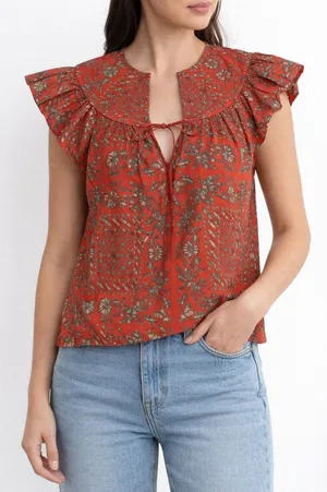 Ulla Johnson Kosta Top Printed V-Neck Blouse Ruffle Flutter Sleeve Orange XS 0 thumbnail 1