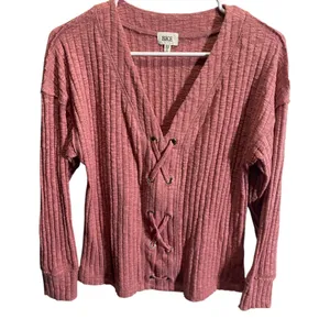 BKE Lace-Up Ribbed‎ Knit Long Sleeve Top Womens XS Rose Pink thumbnail 1