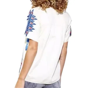 Anthropologie Pepin Women’s Size M White Red Blue Embroidered Cotton V-Neck Top thumbnail 4