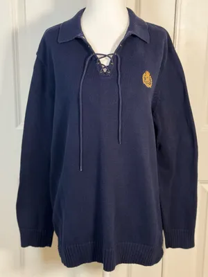 Lauren Ralph Lauren Lace Up Sweater L Navy Crest Cotton Knit Collared Preppy thumbnail 1