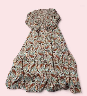 SHEIN Brown and Cream Paisley Tiered Maxi Dress thumbnail 1