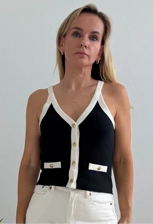 J.Crew Black & White Ribbed Button Front Tank Top Gold Buttons Size S NWT thumbnail 1