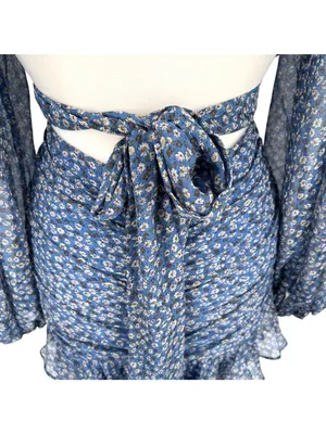Bardot Floral V-Neck Long-Sleeve Mini Dress Ruffled Ruched Blue Size XL thumbnail 9