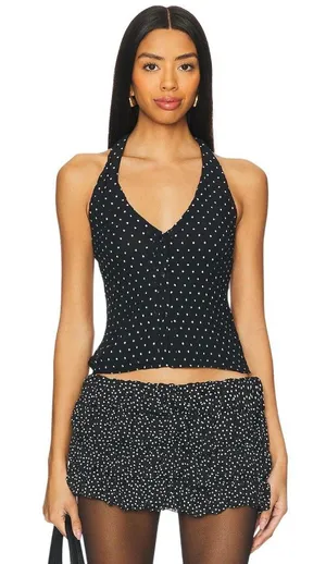 LIONESS Brat Halter Top in Onyx Polka XSmall New Womens Sleeveless Tank thumbnail 1