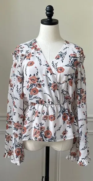 June & Hudson Bell Sleeve Crossfront Peplum Blouse Floral Chiffon M thumbnail 1