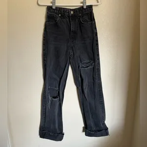 ZARA Cuffed Hem‎ Folded Over High Rise Wide Leg Jeans Sz 4 Black Distressed thumbnail 7