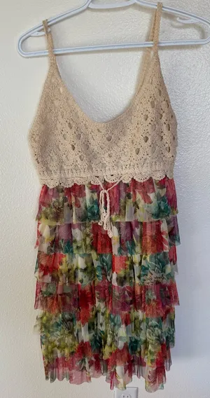 J Gee Tiered Crochet Sundress Large Tan thumbnail 1