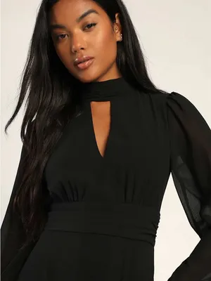 NWOT Lulus Bask in Love Black Long Sleeve Mock Neck Maxi Dress Small thumbnail 2