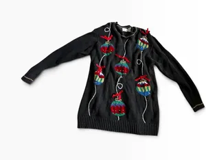 Laura Gayle Christmas Sweater XL Black Embroidered Ornaments Holiday 90s Vintage thumbnail 1