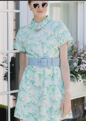 New HILL HOUSE HOME Blue Roses Linen Laura Dress Size Small Button Front Belted thumbnail 7