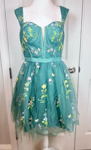 Green Embroidered Tulle Corset Mini Dress 12 Fairycore Prom Homecoming Formal thumbnail 1