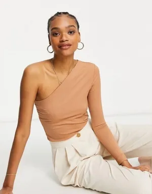 MNG Asymmetric Ribbed One Shoulder Long Sleeve Top M |‎ Neutral Soft Girl NWT thumbnail 1