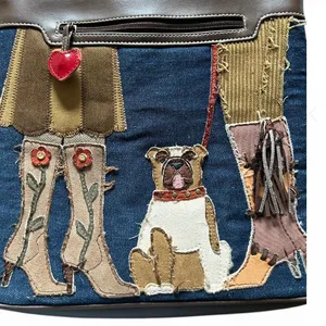 Brown leather jeans base shoulder bag Applique Embroidered Dog Purse Hand Bag. thumbnail 2