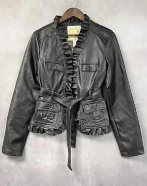 Wet Seal Womens Faux Leather Jacket XL Brown Ruffle Belted Y2K 2000s McBling thumbnail 1
