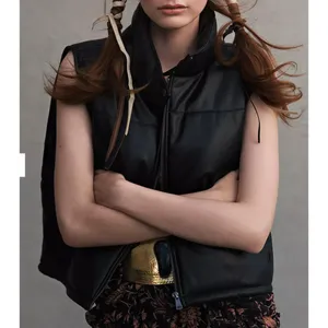 Anthropologie Faux Leather Puffer Vest Black Cropped Full Zip Pockets Size Small thumbnail 11