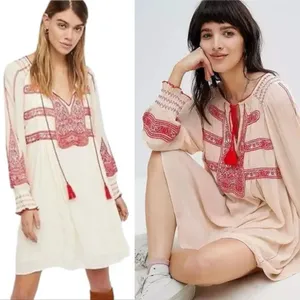 Free People‎ Wind Willow Embroidered Tunic Shift Mini Dress Size Small Tassels thumbnail 2