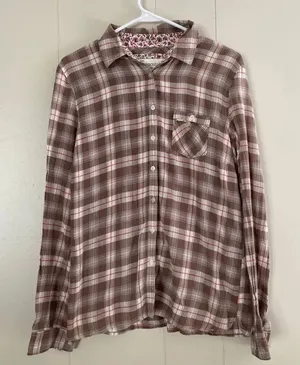 Aéropostale Plaid Button Down Shirt Brown Pink Flannel Top Women’s XL 100% Cotto thumbnail 1