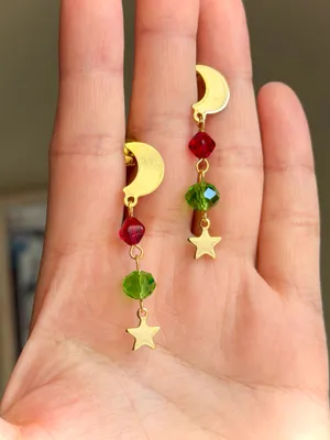 Handmade quality Czech glass beads celestial dangle earrings🌙🌿❤️ thumbnail 3