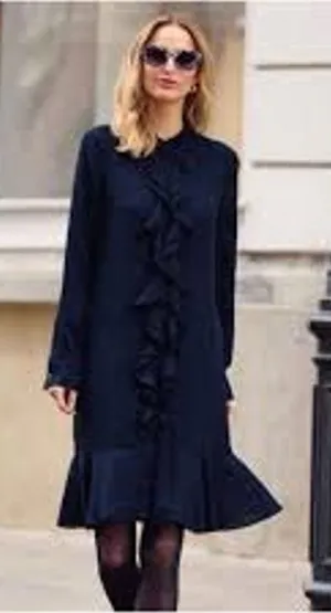 TORY BURCH Jane Ruffle Shirt Dress Button Down Navy Blue Size 6 Long Sleeve S thumbnail 1