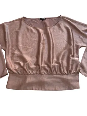 Express Satin Blouse Womens L Dusty Rose Dolman Sleeve Smocked Waist Party Top thumbnail 7