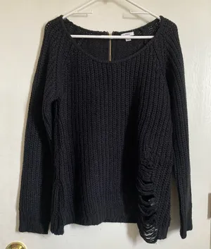 Ardene Black Rib Knit Distressed Ripped Hem Long Sleeve Sweater #Br thumbnail 1