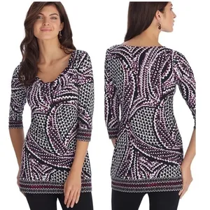 White House Black Market Purple & Black 3/4 Sleeve Drape Neck Stretchy Tunic M thumbnail 2