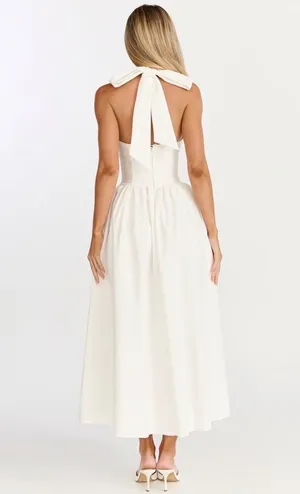 Showpo HELDA MIDI DRESS - HALTER TIE NECK CORSET PANEL DRESS IN OFF WHITE thumbnail 2