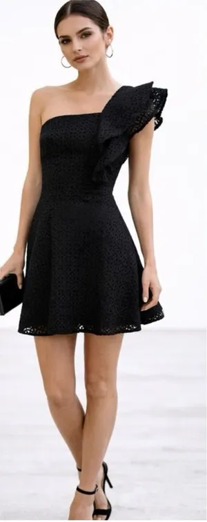 SHILLA The Label One Shoulder Ruffle Lace Mini Dress Black Fit Flare XS💛 thumbnail 1