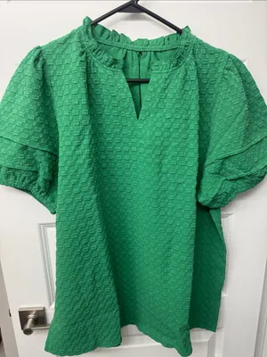 Textured Green Puff-Sleeve Women's Blouse thumbnail 1