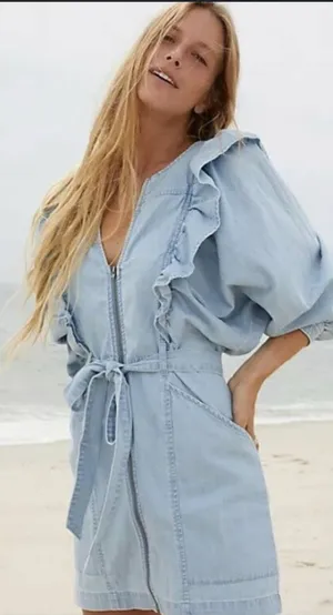 Free People Chambray Cotton Denim Mini Dress Belted Blue Front Zip SZ small thumbnail 1
