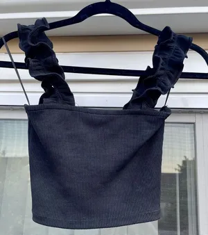 Zara Crop Top Black Ruffle Straps Knit thumbnail 1