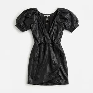 Amanda Uprichard Faux Leather Puff Sleeve Mini Dress Black Wrap V-Neck Small thumbnail 2