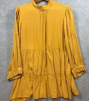 Maeve Anthropologie Mustard Goldie‎ Tiered Tunic Top Tie Neck Back Sz S thumbnail 1