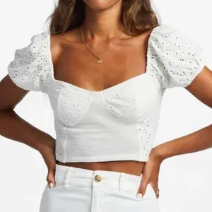 Billabong Festival Cropped‎ Eyelet Puff Sleeves Sweetheart Neckline Summer White thumbnail 1