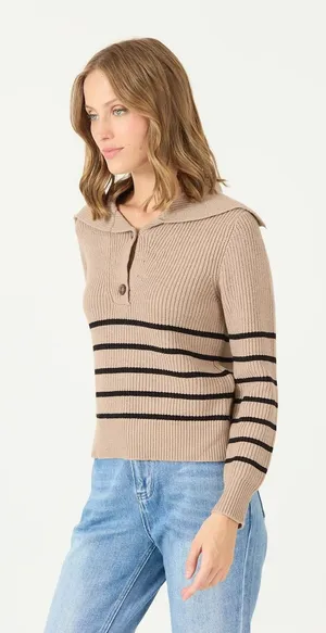 Cyrus Women's Sz Medium Sweater Oversized Collar Tan Black Stripes Henley Button thumbnail 1
