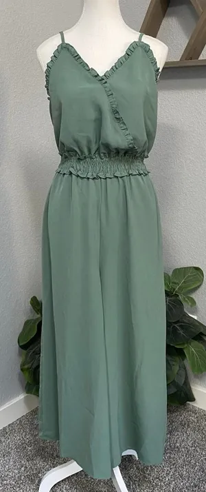 Gigio Sage Green Jumpsuit Wide Leg Ruffle Hem Smocked Adjustable Straps thumbnail 1