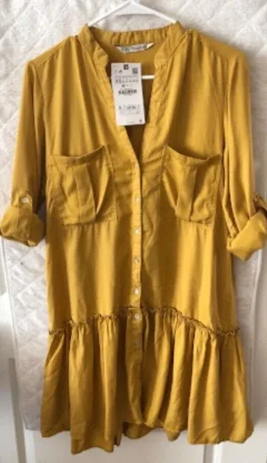 ZARA mustard yellow drop waist button front ruffled Lyocell tunic dress listing-status-banner thumbnail 1