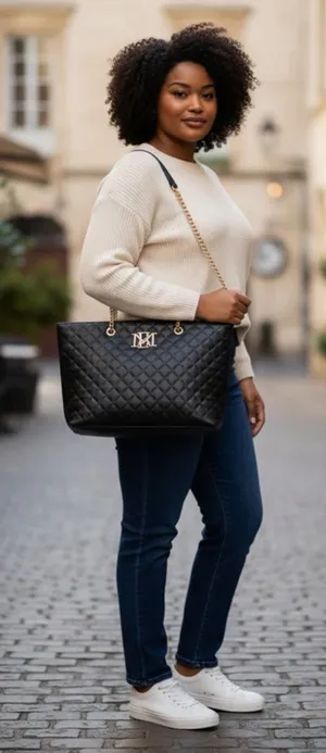 Badgley Mischka Black Quilted Tote Bag with Gold Chain Strap, One Size thumbnail 1