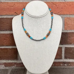 Navajo Style Pearl Necklace with Turquoise, Faux Jasper & Saucer Pearls thumbnail 2