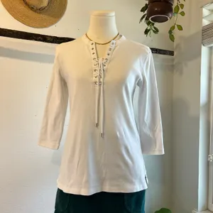 Ralph Lauren White Ribbed Lace Up Western Long Sleeve Cotton Top Size Medium thumbnail 9