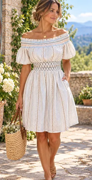 Miss Patina 100% Cotton Embroidered Smocked Off Shoulder Dress Size Small thumbnail 1